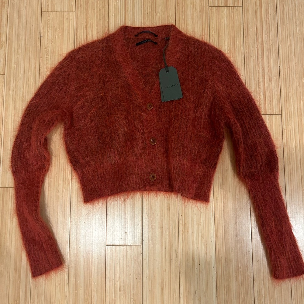 NWT All Saints “Wick” cropped mohair cardigan, planet red size XS